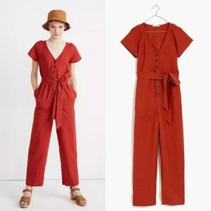 Madewell Red Linen Short Sleeve Jumpsuit